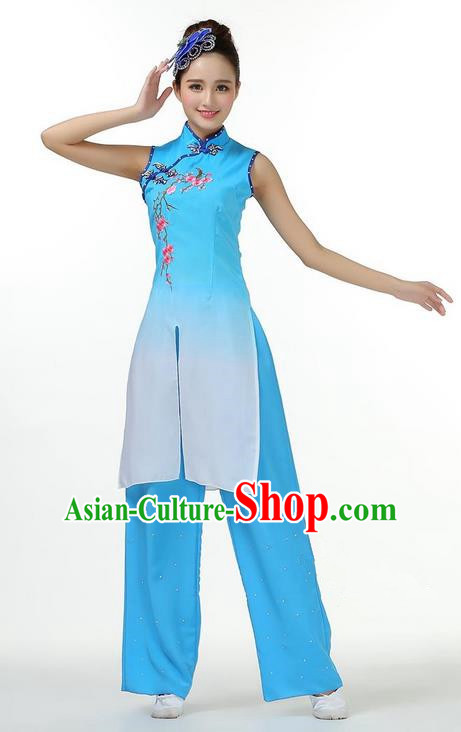 Traditional Chinese Yangge Fan Dancing Costume, Folk Dance Yangko Mandarin Collar Dress and Pants Plum Blossom Uniforms, Classic Umbrella Lotus Dance Elegant Dress Drum Dance Blue Clothing for Women