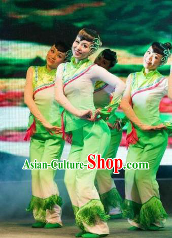 Traditional Chinese Yangge Fan Dancing Costume, Folk Dance Yangko Mandarin Collar Blouse and Pants Uniforms, Classic Umbrella Lotus Dance Elegant Dress Drum Dance Green Clothing for Women