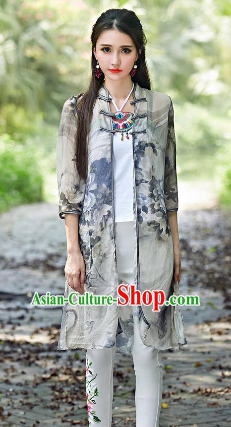 Traditional Ancient Chinese Tangsuit Costume, Elegant Hanfu Cappa Clothing, China Style Tang Suit Paiting Peony Grey Cardigan Clothing for Women