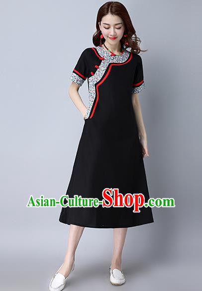 Traditional Ancient Chinese National Costume, Elegant Hanfu Printing Dress, China Tang Suit Mandarin Collar Cheongsam Upper Outer Garment Black Dress Clothing for Women