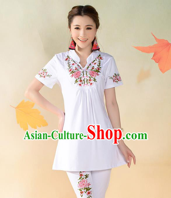 Traditional Ancient Chinese National Costume, Elegant Hanfu T-Shirt, China Tang Suit Mandarin Collar White Blouse Cheongsam Upper Outer Garment Clothing for Women
