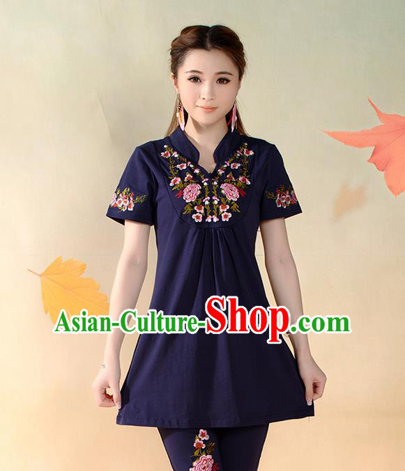 Traditional Ancient Chinese National Costume, Elegant Hanfu T-Shirt, China Tang Suit Mandarin Collar Navy Blouse Cheongsam Upper Outer Garment Clothing for Women