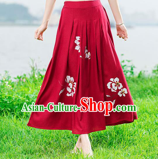 Traditional Ancient Chinese National Skirt Costume, Elegant Hanfu Painting Peony Long Dress, China Tang Suit Cotton Red Bust Skirt for Women