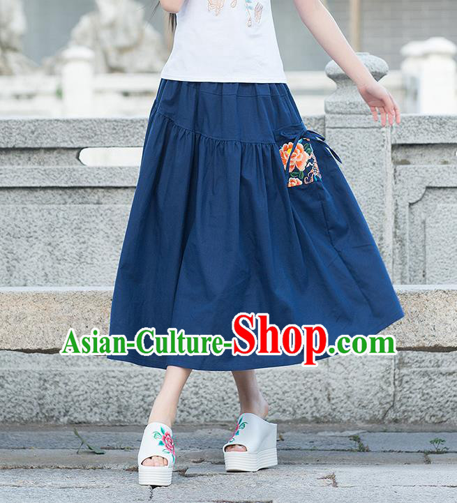 Traditional Ancient Chinese National Pleated Skirt Costume, Elegant Hanfu Embroidered Peony Long Dress, China Tang Suit Cotton Blue Bust Skirt for Women