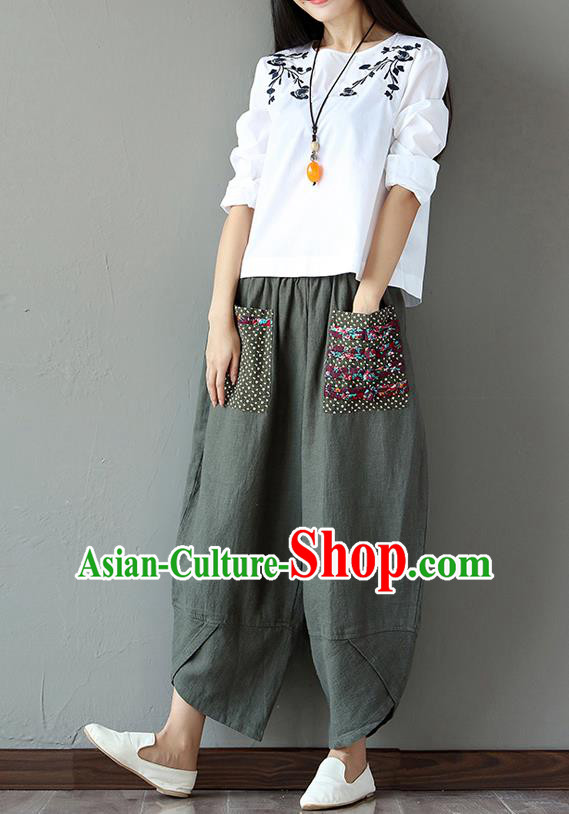 Traditional Ancient Chinese National Costume Plus Fours, Elegant Hanfu Embroidered Pants, China Tang Suit Cotton Green Bloomers for Women