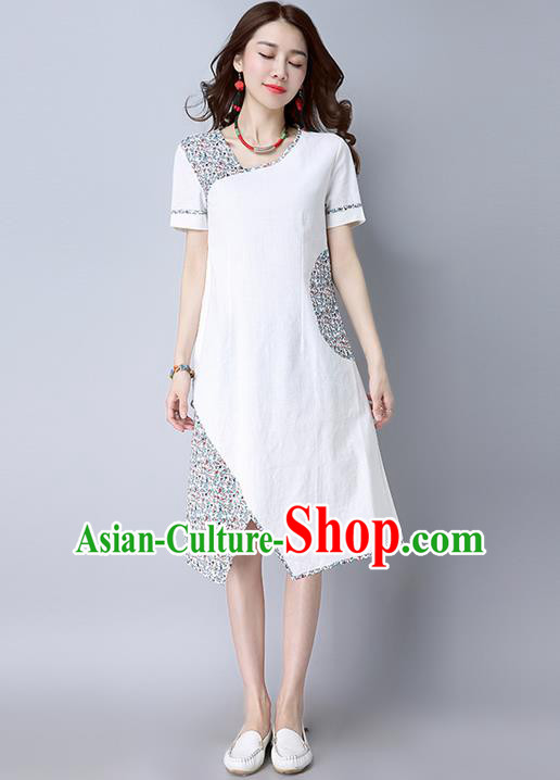 Traditional Ancient Chinese National Costume, Elegant Hanfu Printing Dress, China National Minority Tang Suit Cheongsam Upper Outer Garment White Dress Clothing for Women