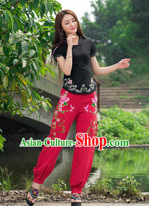 Traditional Ancient Chinese National Costume Plus Fours, Elegant Hanfu Embroidered Peony Pants, China Tang Suit Cotton Red Bloomers for Women