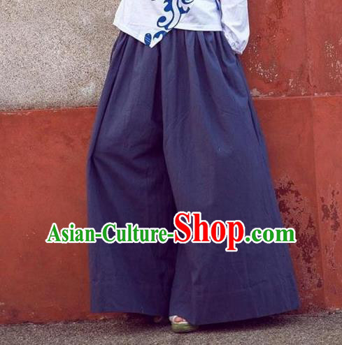 Traditional Ancient Chinese National Costume Loose Pants, Elegant Hanfu Pants, China Tang Suit Linen Navy Wide Leg Pants for Women