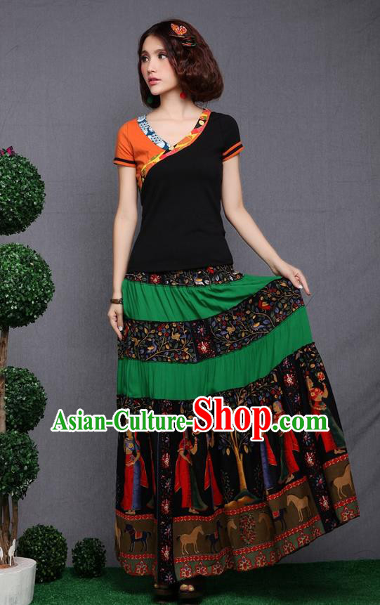 Traditional Ancient Chinese National Pleated Skirt Costume, Elegant Hanfu Printing Pleated Long Dress, China National Minority Tang Suit Cotton Green Bust Skirt for Women