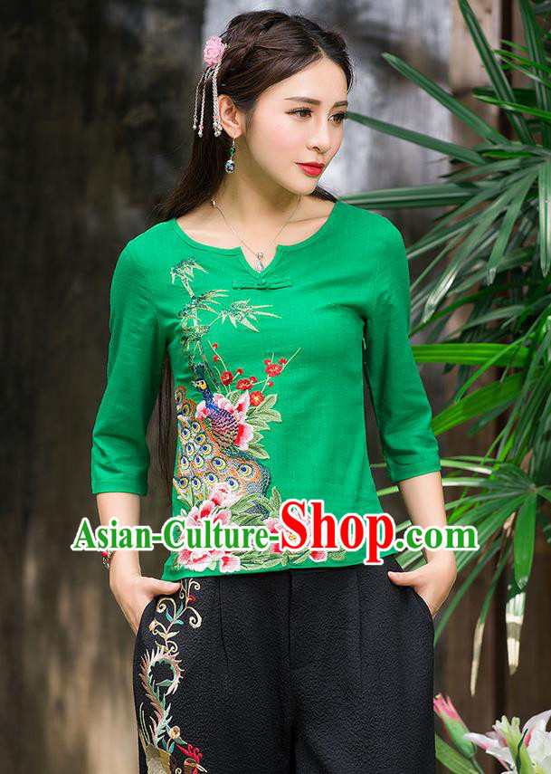 Traditional Ancient Chinese National Costume, Elegant Hanfu Embroidered Peacock Peony Shirt, China National Minority Tang Suit Green Blouse Cheongsam Upper Outer Garment Clothing for Women