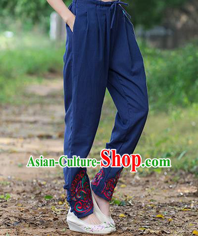 Traditional Ancient Chinese National Costume Trousers, Elegant Hanfu Embroidered Pants, China Tang Suit Cotton Navy Leisure Pants for Women