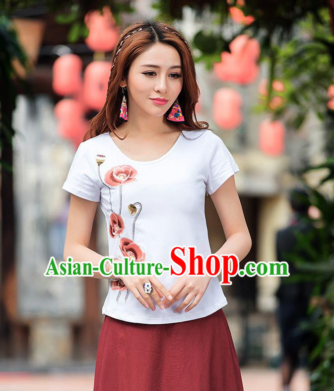Traditional Ancient Chinese National Costume, Elegant Hanfu T-Shirt, China Tang Suit White Embroidered Blouse Cheongsam Upper Outer Garment Shirt Clothing for Women