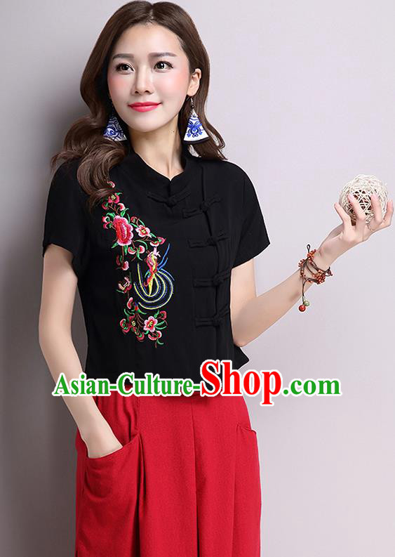 Traditional Ancient Chinese National Costume, Elegant Hanfu Shirt, China Tang Suit Black Embroidered Stand Collar Blouse Cheongsam Upper Outer Garment Shirt Clothing for Women