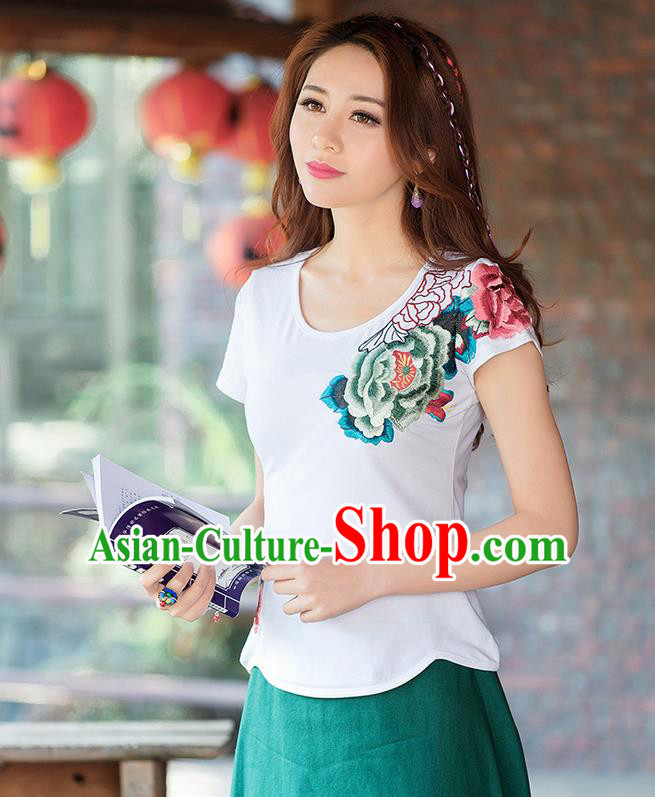 Traditional Ancient Chinese National Costume, Elegant Hanfu Round Collar T-Shirt, China Tang Suit Embroidered Peony White Blouse Cheongsam Upper Outer Garment Shirts Clothing for Women
