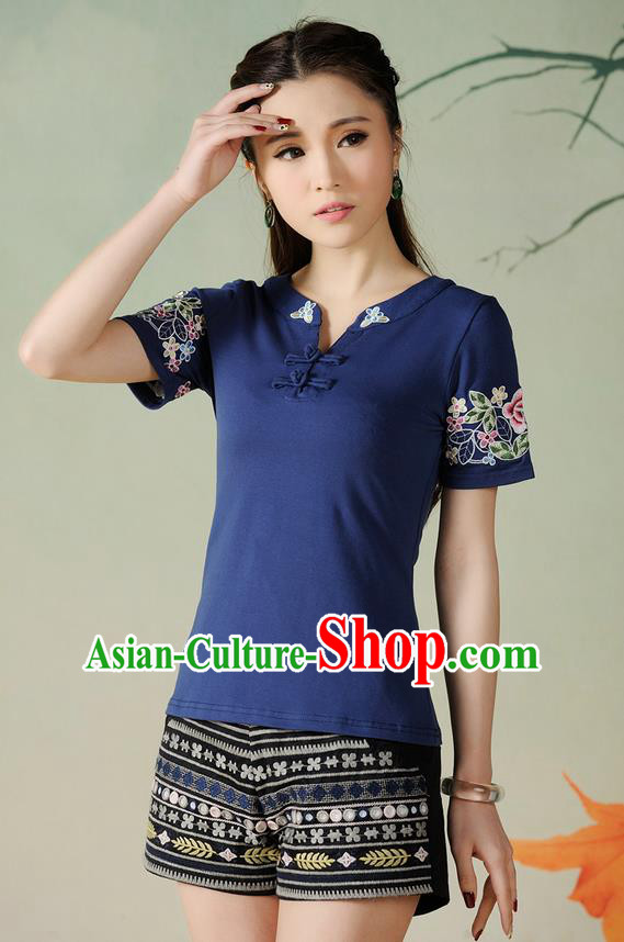 Traditional Ancient Chinese National Costume, Elegant Hanfu Short Sleeve Round Collar T-Shirt, China Tang Suit Embroidered Navy Blouse Cheongsam Upper Outer Garment Shirts Clothing for Women