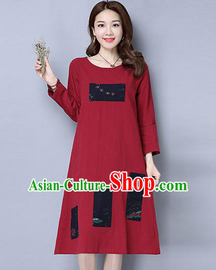 Traditional Ancient Chinese National Costume, Elegant Hanfu Hand Printing Linen Dress, China Tang Suit Cheongsam Upper Outer Garment Red Elegant Dress Clothing for Women