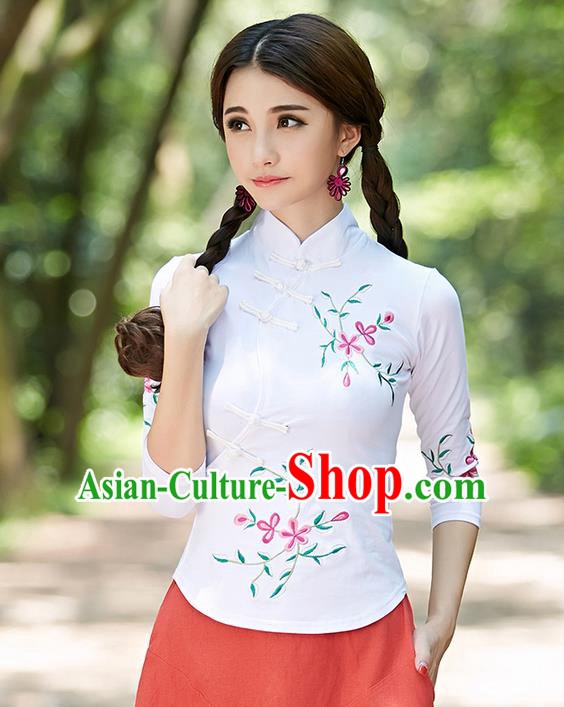Traditional Ancient Chinese National Costume, Elegant Hanfu Plated Buttons White Shirt, China Tang Suit Embroidery Plum Blossom Blouse Cheongsam Blouse Upper Outer Garment Shirt Clothing for Women