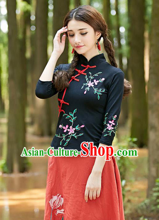 Traditional Ancient Chinese National Costume, Elegant Hanfu Plated Buttons Black Shirt, China Tang Suit Embroidery Plum Blossom Blouse Cheongsam Blouse Upper Outer Garment Shirt Clothing for Women