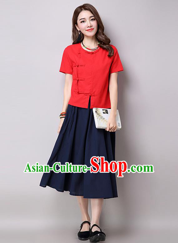 Traditional Ancient Chinese National Costume, Elegant Hanfu Plated Buttons T-Shirt, China Tang Suit Red Blouse Cheongsam Upper Outer Garment Shirts Clothing for Women