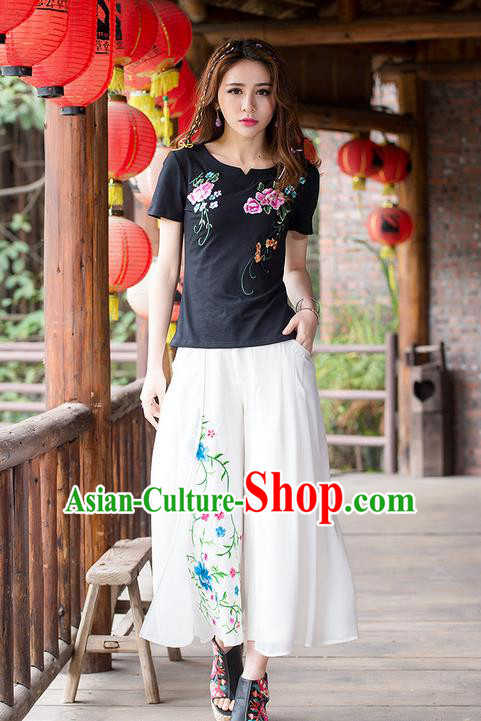 Traditional Ancient Chinese National Costume Loose Pants, Elegant Hanfu Embroidering Flower White Pants, China Tang Suit Linen Wide Leg Pants for Women