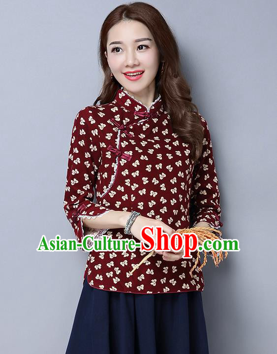 Traditional Ancient Chinese National Costume, Elegant Hanfu Stand Collar Plated Buttons Shirt, China Tang Suit Red Blouse Cheongsam Upper Outer Garment Shirts Clothing for Women