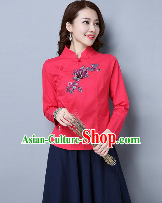 Traditional Ancient Chinese National Costume, Elegant Hanfu Embroidered Plated Buttons Shirt, China Tang Suit Embroidered Peony Red Blouse Cheongsam Upper Outer Garment Qipao Shirts Clothing for Women