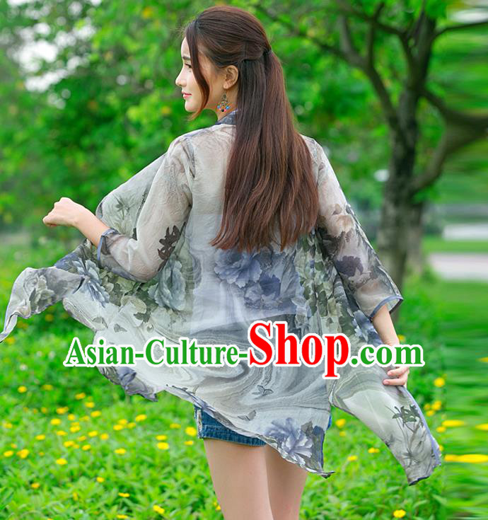 Traditional Ancient Chinese National Costume, Elegant Hanfu Chiffon Cardigan Coat, China Tang Suit Plated Buttons Cape, Upper Outer Garment Grey Dust Coat Cloak Clothing for Women