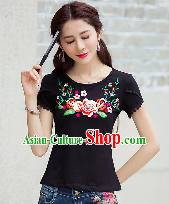 Traditional Ancient Chinese National Costume, Elegant Hanfu Short Sleeve T-Shirt, China Tang Suit Embroidered Peony Black Blouse Cheongsam Upper Outer Garment Shirts Clothing for Women