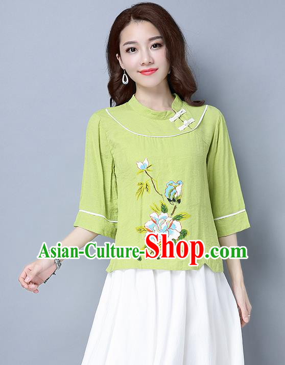 Traditional Ancient Chinese National Costume, Elegant Hanfu Stand Collar Plated Buttons Qipao T-Shirt, China Tang Suit Embroidered Green Blouse Cheongsam Upper Outer Garment Shirts Clothing for Women