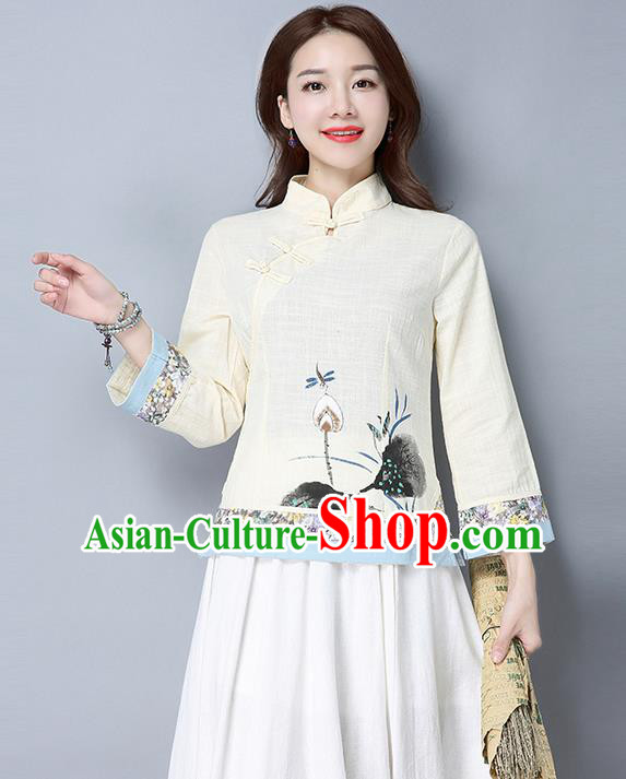 Traditional Ancient Chinese National Costume, Elegant Hanfu Stand Collar Plated Buttons Qipao T-Shirt, China Tang Suit Ink Painting Apricot Blouse Cheongsam Upper Outer Garment Shirts Clothing for Women