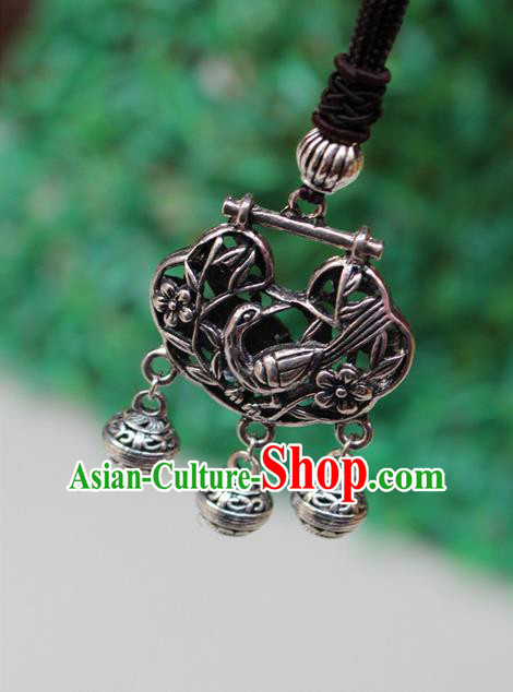 Traditional Chinese Miao Nationality Crafts Jewelry Accessory, Hmong Handmade Miao Silver Bells Tassel Longevity Lock Phoenix Pendant, Miao Ethnic Minority Necklace Accessories Sweater Chain Pendant for Women