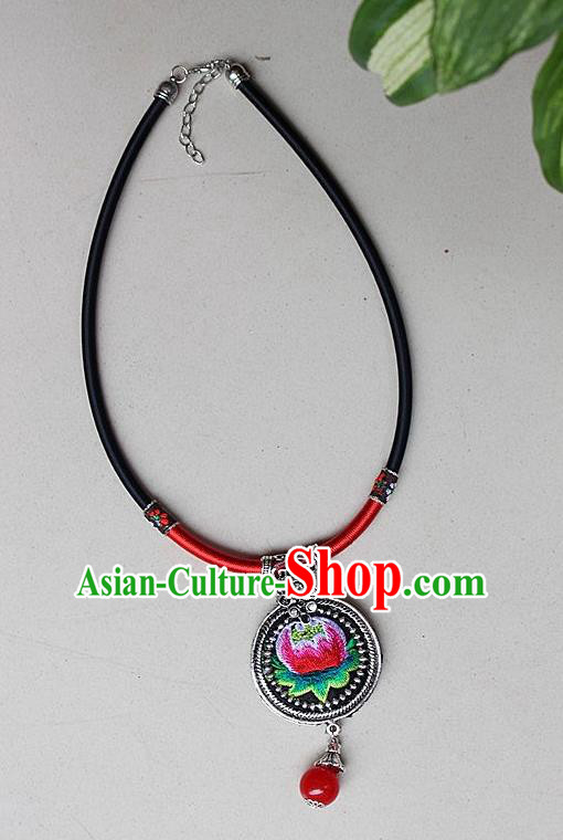 Traditional Chinese Miao Nationality Crafts Jewelry Accessory, Hmong Handmade Miao Silver Embroidery Bead Tassel Pendant, Miao Ethnic Minority Bells Necklace Accessories Sweater Chain Pendant for Women