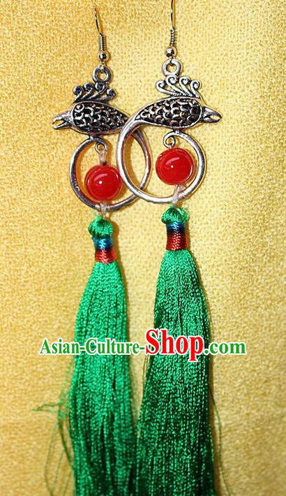 Traditional Chinese Miao Nationality Crafts Jewelry Accessory Classical Earbob Accessories, Hmong Handmade Miao Silver Phoenix Palace Lady Green Silk Tassel Earrings, Miao Ethnic Minority Eardrop for Women