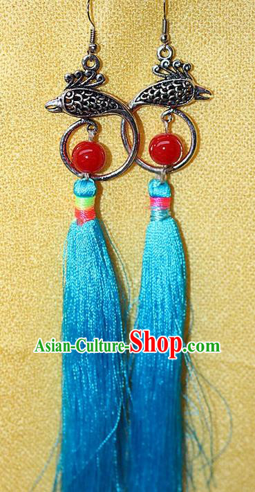 Traditional Chinese Miao Nationality Crafts Jewelry Accessory Classical Earbob Accessories, Hmong Handmade Miao Silver Phoenix Palace Lady Blue Silk Tassel Earrings, Miao Ethnic Minority Eardrop for Women