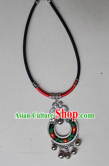 Traditional Chinese Miao Nationality Crafts Jewelry Accessory, Hmong Handmade Miao Silver Embroidery Bells Tassel Pendant, Miao Ethnic Minority Necklace Accessories Sweater Chain Pendant for Women