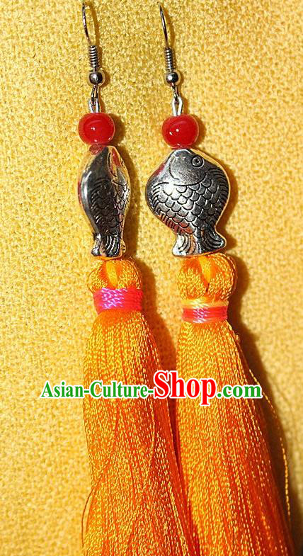 Traditional Chinese Miao Nationality Crafts Jewelry Accessory Classical Earbob Accessories, Hmong Handmade Miao Silver Kiss Fish Palace Lady Yellow Silk Tassel Earrings, Miao Ethnic Minority Eardrop for Women