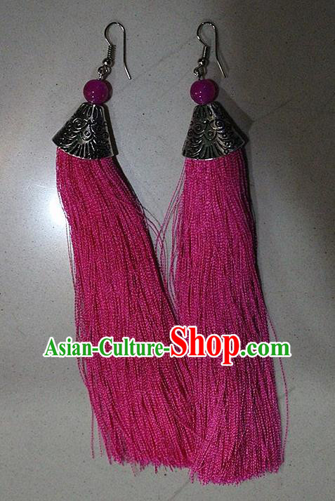 Traditional Chinese Miao Nationality Crafts Jewelry Accessory Classical Earbob Accessories, Hmong Handmade Palace Lady Pink Silk Tassel Earrings, Miao Ethnic Minority Eardrop for Women