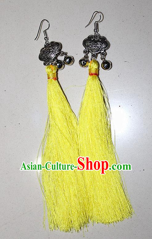 Traditional Chinese Miao Nationality Crafts Jewelry Accessory Classical Earbob Accessories, Hmong Handmade Miao Silver Longevity Lock Palace Lady Yellow Silk Tassel Earrings, Miao Ethnic Minority Eardrop for Women