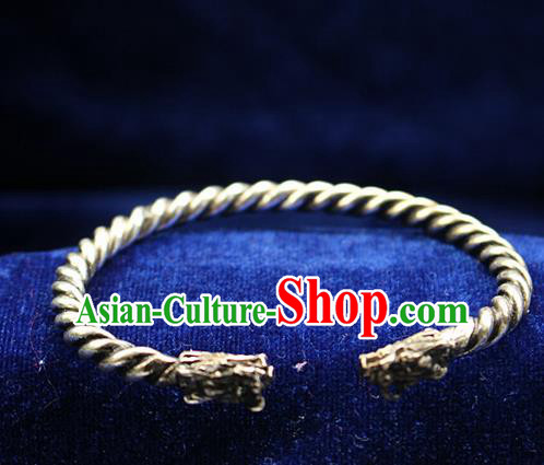 Traditional Chinese Miao Nationality Crafts Jewelry Accessory Bangle, Hmong Handmade Miao Silver Dragon Bracelet, Miao Ethnic Minority Silver Bracelet Accessories for Women