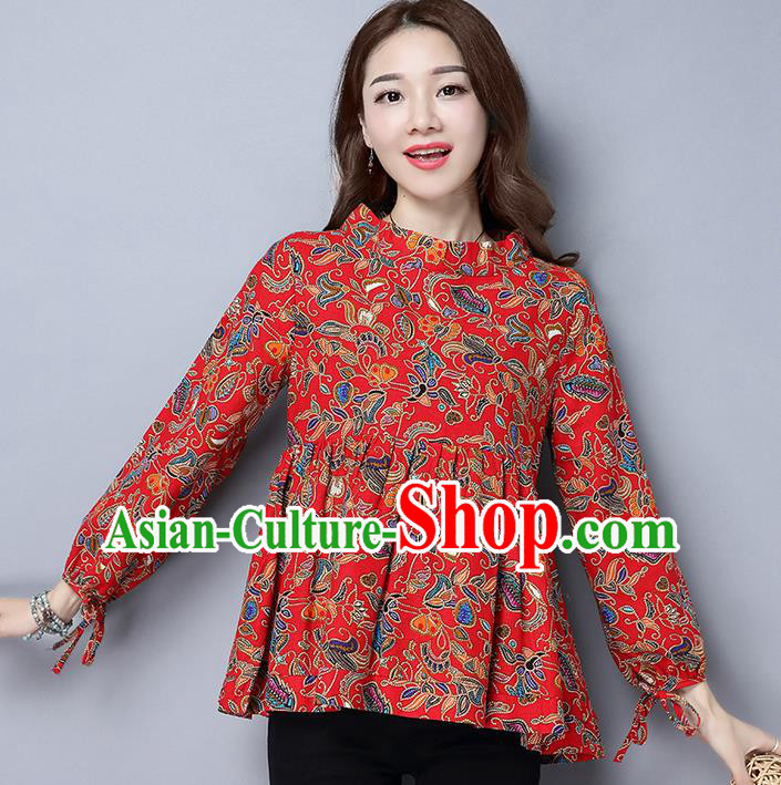 Traditional Ancient Chinese National Costume, Elegant Hanfu Puff Sleeve Qipao Shirt, China Tang Suit Red Blouse Cheongsam Upper Outer Garment Shirts Clothing for Women