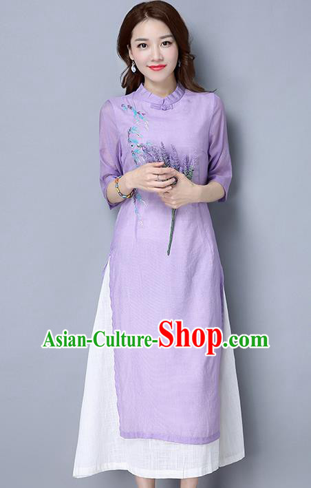 Traditional Ancient Chinese National Costume, Elegant Hanfu Mandarin Qipao Embroidered Dress, China Tang Suit Cheongsam Upper Outer Garment Purple Elegant Dress Clothing for Women