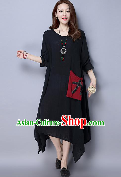Traditional Ancient Chinese National Costume, Elegant Hanfu Linen Round Collar Black Dress, China Tang Suit Cheongsam Upper Outer Garment Elegant Dress Clothing for Women