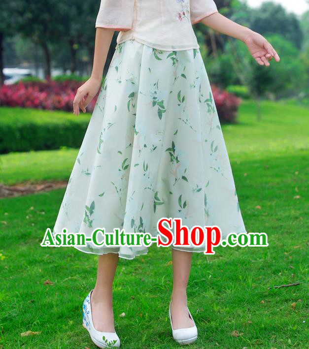 Traditional Ancient Chinese National Pleated Skirt Costume, Elegant Hanfu Printing Chiffon Big Swing Long Dress, China Tang Suit Bust Skirt for Women