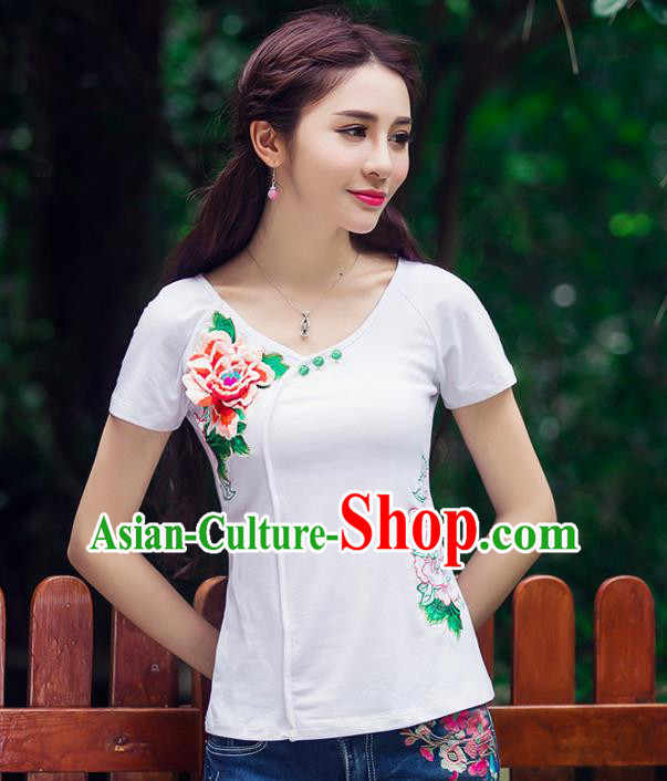 Traditional Ancient Chinese National Costume, Elegant Hanfu Embroidery Peony Flowers White Shirt, China Tang Suit Blouse Cheongsam Upper Outer Garment Qipao Shirts Clothing for Women