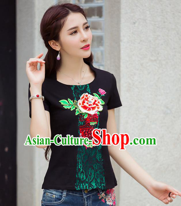 Traditional Ancient Chinese National Costume, Elegant Hanfu Embroidered Peony Flowers Black T-Shirt, China Tang Suit Short Sleeve Blouse Cheongsam Qipao Shirts Clothing for Women