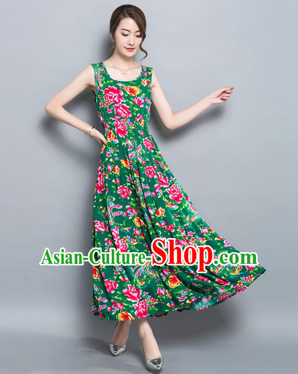 Traditional Ancient Chinese National Costume, Elegant Hanfu North East Style Peony Flowers Dress, China Tang Suit Sleeveless Vest Long Skirt Upper Outer Garment Elegant Green Dress Clothing for Women