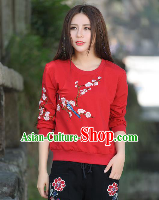 Traditional Ancient Chinese National Costume, Elegant Hanfu Embroidery Flowers Bird Fleece Shirt, China Tang Suit Blouse Cheongsam Upper Outer Garment Red T-Shirts Clothing for Women
