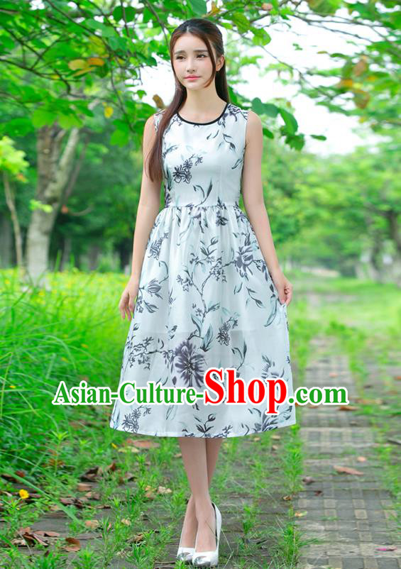 Traditional Ancient Chinese National Costume, Elegant Hanfu Printing Flowers Dress, China Tang Suit Skirt Upper Outer Garment Elegant Dress Clothing for Women