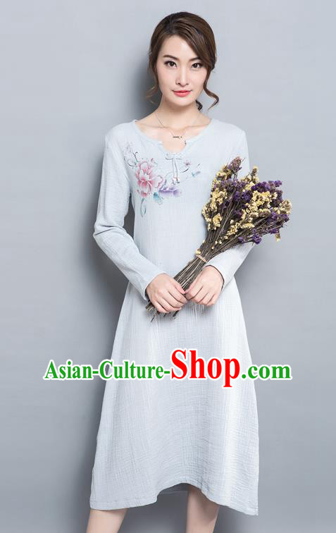 Traditional Ancient Chinese National Costume, Elegant Hanfu Printing Dress, China Tang Suit Cheongsam Upper Outer Garment Elegant Grey Dress Clothing for Women