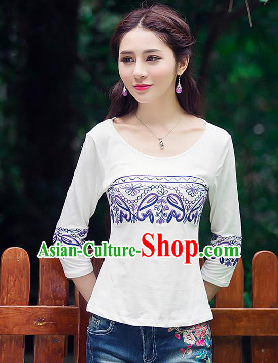 Traditional Ancient Chinese National Costume, Elegant Hanfu Embroidered Blue and White Flowers T-Shirt, China Tang Suit Round Collar Blouse Cheongsam Qipao Shirts Clothing for Women